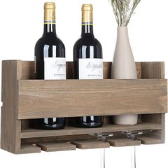 Rustic Wall Mounted Wine Rack for 4 Red Wine Glasses Storage, Wooden Wine Bottle Holder for Farmhouse Kitchen Decor, Floating Wine Shelf Organizer for Living Room Display.