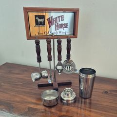 Vintage 1970s  White Horse Whisky Bar Station & Premium Italian Inoxpran Shaker  Immaculate Full Set Rare Find