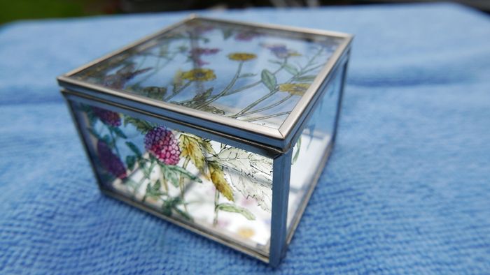 Vintage Hand Painted Waterside Flowers R Stained Glass Mirror Box
