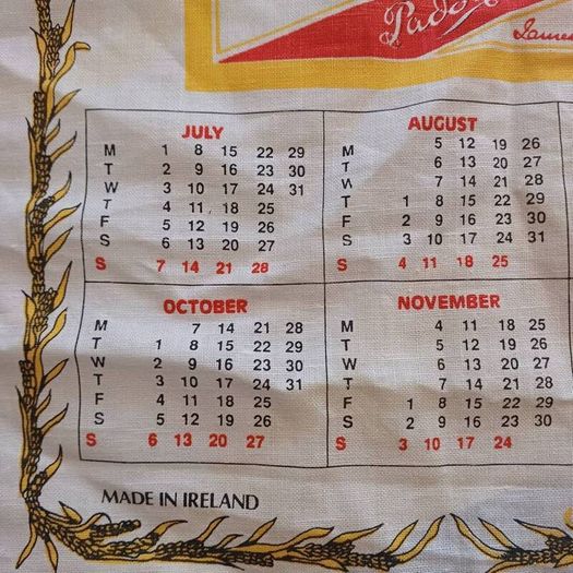 1991 Paddy Irish Whiskey Linen Calendar - Advertising - Made in Ireland