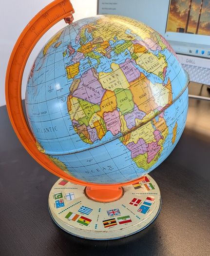 Vintage USSR Era World Globe Orange Meridian International Flag Base
