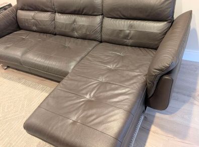 DFS Dark Brown Leather 3-Seater Chaise Sofa - Excellent Condition