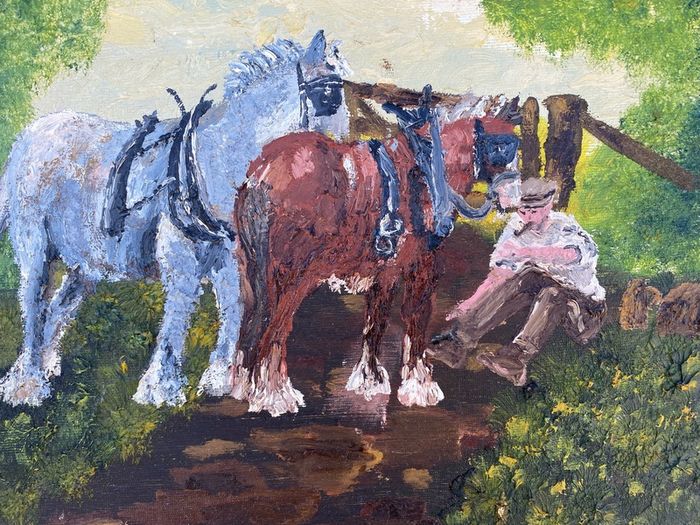 Oil on board rural scene of a farmer with 2  shire horses signed   Helen Carthy