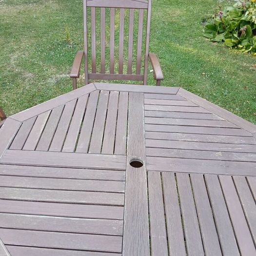 Garden table and chairs, parasol and cushions