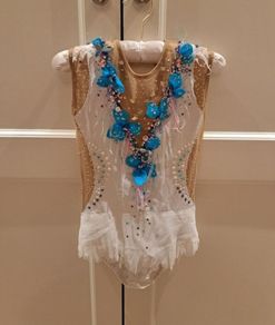 Rhythmic gymnastics leotard --9-10 year old -- white and turquoise with Swarovski crystals