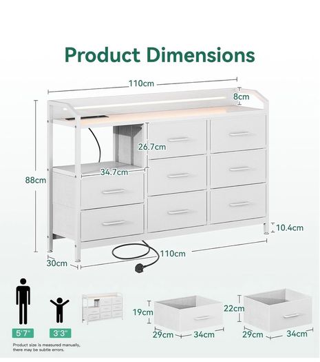 Chest of Drawers Bedroom, 8 Fabric Drawers, 110x30x88cm, White
