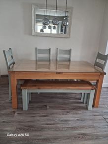 Dining Table 4 Chairs, Bench, Glass Top