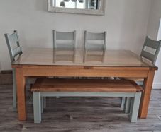 Dining Table 4 Chairs, Bench, Glass Top