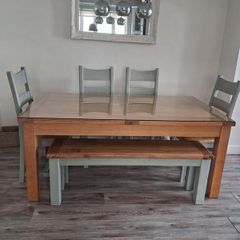 Dining Table 4 Chairs, Bench, Glass Top