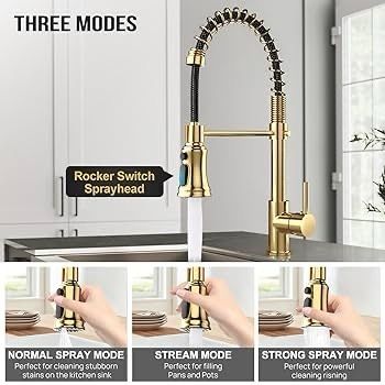 NEW SALE | Kitchen Tap, Kitchen Sink Mixer Tap with 360 Degree Swivel Pull Down Sprayer Commercial Kitchen Taps Single Handle Mixer Tap Cold and Hot 3-Modes Spray with Standard Fittings Gold
