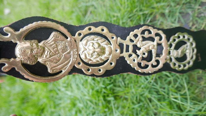 Horse Brass Badges on Black leather belt - Vintage solid brass