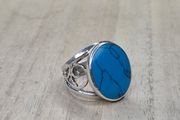 Irish Made Solid Sterling Silver Faux Turquoise Oval Statement Ring 925 Size N / 17.4mm
