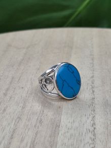 Irish Made Solid Sterling Silver Faux Turquoise Oval Statement Ring 925 Size N / 17.4mm