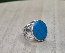 Irish Made Solid Sterling Silver Faux Turquoise Oval Statement Ring 925 Size N / 17.4mm