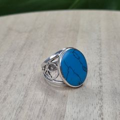 Irish Made Solid Sterling Silver Faux Turquoise Oval Statement Ring 925 Size N / 17.4mm