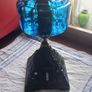 Antique Blue Glass Brass and cast iron metal large table oil lamp in very good condition and working Image 5