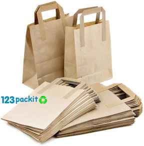 Lot of 20 pcs SOS carrier bags Eco Friendly Brown flat tape handles Size Medium 26x13x31 cm / 10x5.1x12.2 inches Excellent for shop, retail, kraft, home baking, gifts, art shops