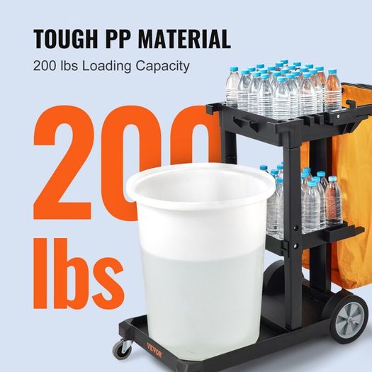 Commercial Cleaning Cart, 3-Shelf Commercial Janitorial Cart, 200 lbs Capacity Plastic Housekeeping Cart, with 25 Gallon PVC Bag, 120 x 51 x 98 cm, Yellow+Black
