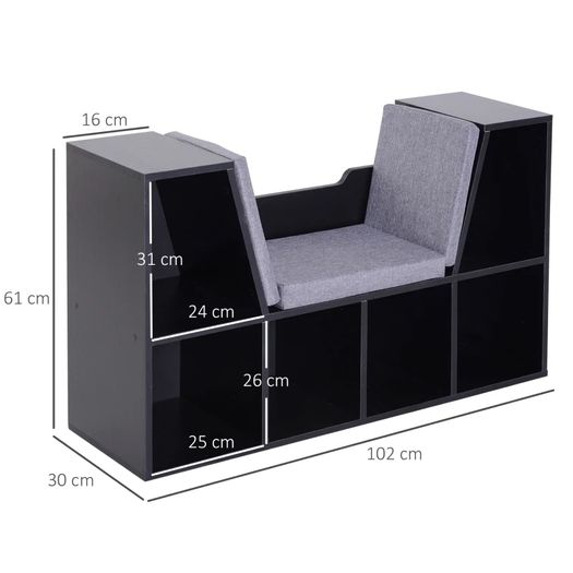 6 Cube Bookcase with Cushioned Seat, Cube Storage Shelf, Bookshelf Organizer for Study, Reading Corner, Black