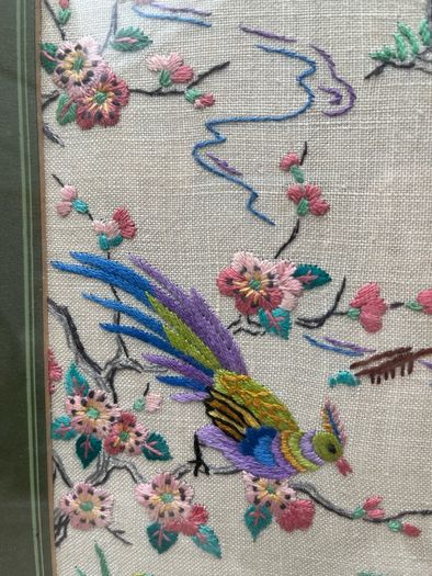 Vintage Chinese Embroidery Framed Bird & Floral Textile Art