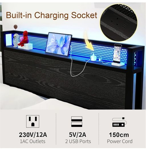 Double Bed Frame with LED Lights/Charging Station,4ft6 Metal Platform Bed Frame with Storage Headboard/Mattress Foundation/Metal Slat Support/No Box Spring Needed,Under-bed Storage,Black Bed