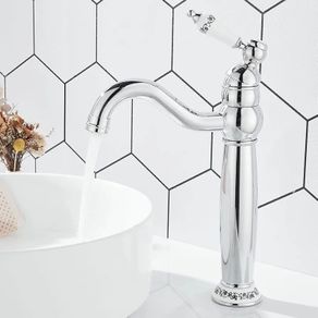 Bathroom Basin Mixer Tap, Mono High Rise Tap for Counter top Basin, Tall Traditional Sink Faucet with Ceramic Lever, Washroom Classic Taps, 360 Swivel, Retro Style, Brass, Chrome