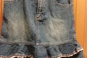 Denim Skirt, Pumpkin Patch, ruffled edge, pale pink ribbon Age 8