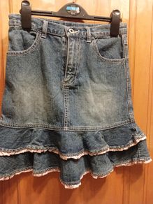 Denim Skirt, Pumpkin Patch, ruffled edge, pale pink ribbon Age 8