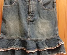 Denim Skirt, Pumpkin Patch, ruffled edge, pale pink ribbon Age 8