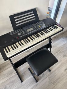 keyboard, stand, stool, headphones