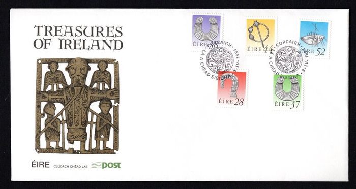 1991 Ireland Seventh Definitive Series Treasures of Ireland (28p, 37p, 38p, 44p, and 52p) An Post First Day Cover with Corcaigh (Cork) pictorial cancel