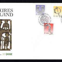 1991 Ireland Seventh Definitive Series Treasures of Ireland (28p, 37p, 38p, 44p, and 52p) An Post First Day Cover with Corcaigh (Cork) pictorial cancel