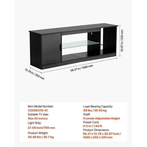 TV Stand for TVs up to 1651 mm, Modern Entertainment Center with Light Strip, Wooden TV Cabinet Storage with Glass Shelf and Adjustable Shelves, Console Table for Living Room and Bedroom, Black