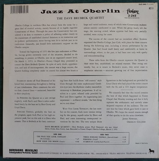 The Dave Brubeck Quartet - Jazz At Oberlin Vinyl LP (1953) 1983 Reissue Jazz Hard Bop EX+