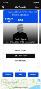 David Byrne 2 tickets St Anne's June 7th