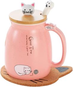 Cat Mug Cute Ceramic Coffee Cup with Lovely Kitty lid Spoon,Morning Cup Tea Milk Christmas Mug 380ML