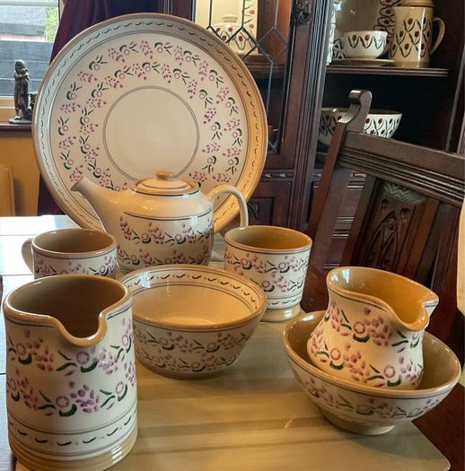 Nicholas Mosse lavender collection from Washington creek . Mugs, jugs , tea pot and platter .pricing the mug for  this ad