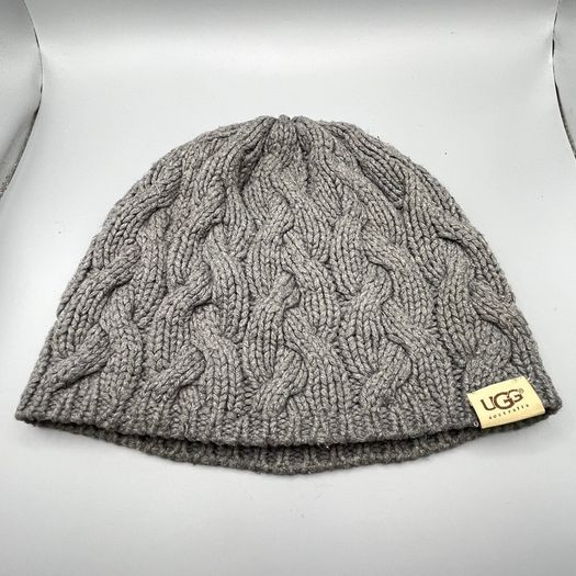 Ugg Australia Grey Beanie Hat Cable Knit  - One Size - Cotton and Silk Blend