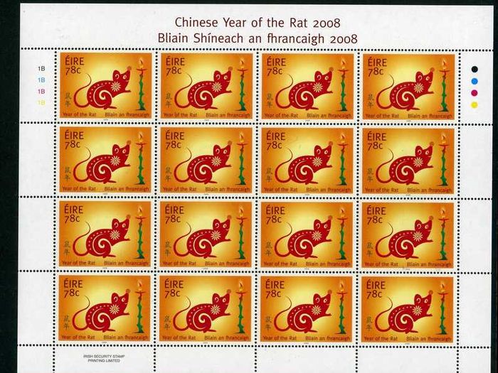 2008 Ireland Chinese Year of the Rat Commemorative Stamp Sheetlet Plate 1B1B1B1B Mint Never Hinged (MNH)