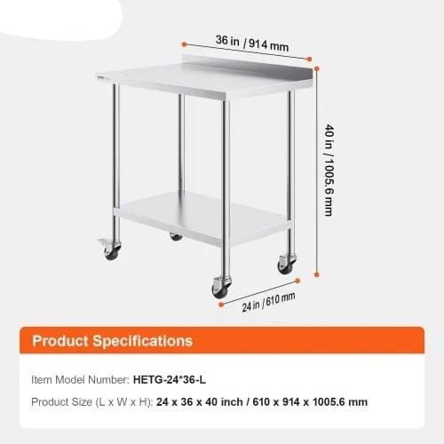 24 x 36 x 40 Inch Stainless Steel Work Table, Commercial Food Prep Worktable with Casters, Heavy Duty Prep Worktable, Metal Work Table with Adjustable Height for Restaurant