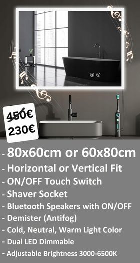 LED Bathroom Mirrors Speakers Demister Antifog Weather Station Clock Dual LED Sensor Touch