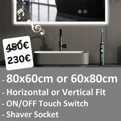 LED Bathroom Mirror 60x80 Defogger Bluetooth Speakers Shaver Toothbrush Socket