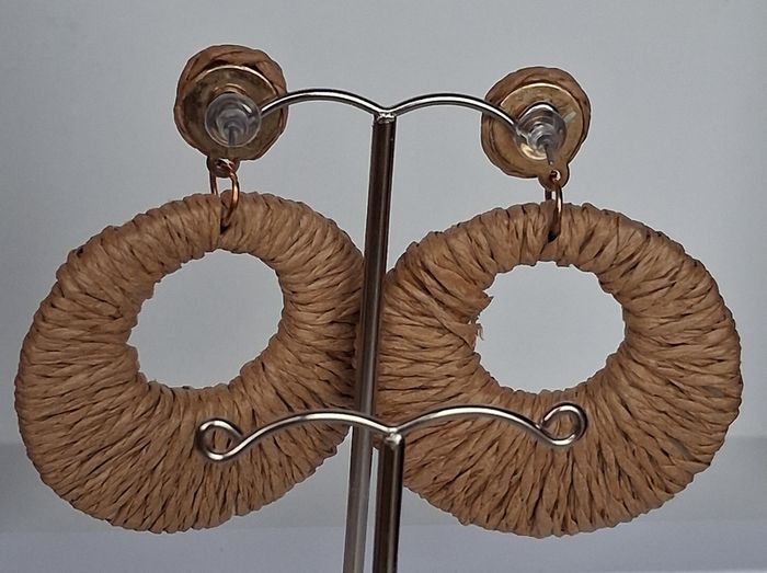 Coffee Beige Raffia Woven Stud Hollow Out Woven Hoop Earrings