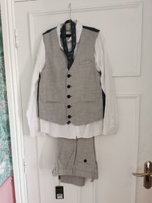 Grey Waistcoat, White Shirt & Tie Set & A Grey Suit Trousers