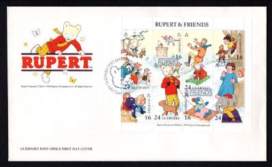 1993 Guernsey Rupert Bear and Friends Miniature Sheet Commemorative Stamps Official First Day Cover (FDC)