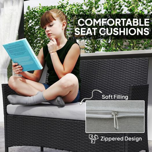 4 Piece Rattan Garden Furniture Sofa Set with Loveseat, Armchairs, Glass-Top Coffee Table and Cushions, Black