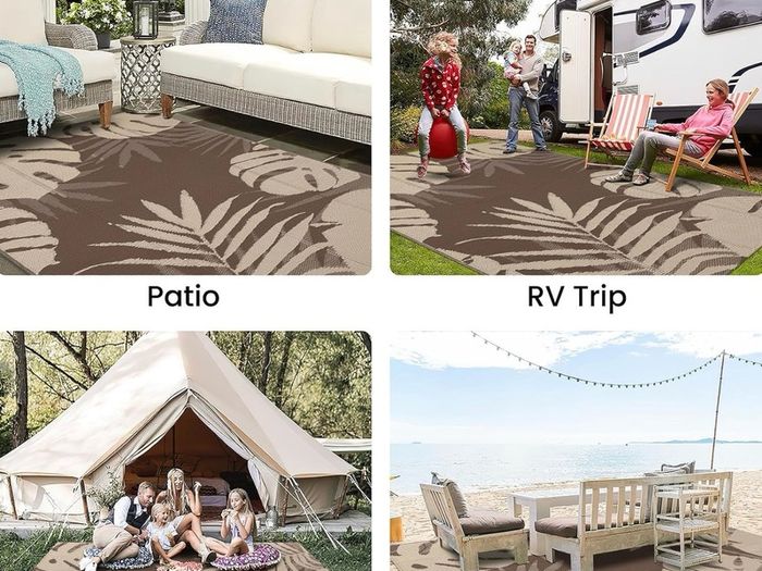 Waterproof Outdoor Rug, 240x300cm, Beige & Brown Anti-slip Reversible Plastic Straw Garden Rugs, Easy Cleaning Carpet for Camping, Patio, Beach, Picnic, Backyard