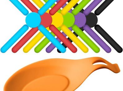 6 Pack Non-Slip Foldable Silicone Trivets, SourceTon Collapsible Cross Design Silicone Trivets in Cute Colors, Silicone Pot Holder, Hot Pad, Pot Holder, Free Bonus Spoon Rest/Balloon Whisk Rest
