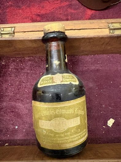 Vintage Miniature Drinks Bottles, Travel Cup and Wooden Box