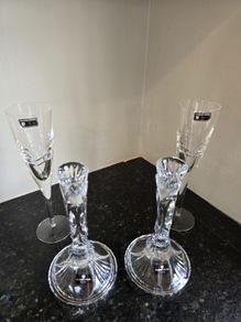 Killarney crystal candle holders and glasses 2 of each.